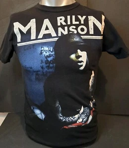 VTG Marilyn Manson Black T-Shirt XS 100% Cotton Band Heavy Metal Alt Y2K Music - Picture 1 of 18