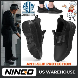 NINGO Men Slip On Work Shoes Oil,Slip & Water Resistant Comfort Kitchen Sneakers - Picture 1 of 33