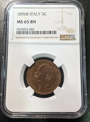 1896 MS65 BN Italy 5 Centesimi NGC UNC KM 31 Umberto I SCARCE GRADE! 2 Year Type - Image 1 of 4
