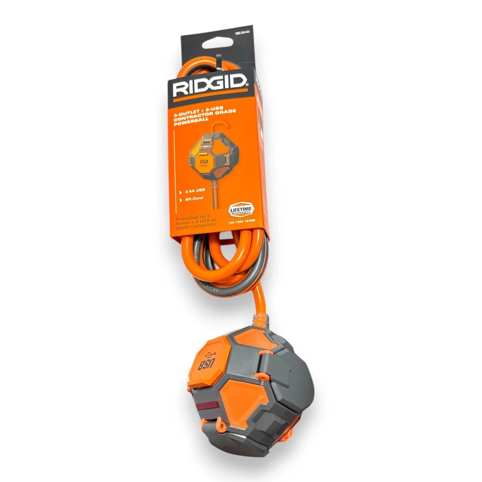 Ridgid Power Ball ' Extension Cord 3 Outlet 2 USB 14 Gauge 15 Amp 120