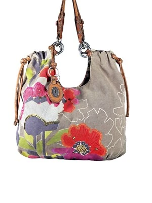 Bolso hobo de hombro floral de lona fósil vintage con adornos de cuero y lentejuelas bordadas Foto 1 de 4
