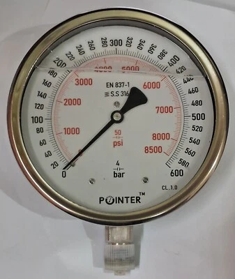 150MM Dial High Pressure Gauge Dual Scale 600 BAR 8500 PSI 1/2" BSP Connection - Image 1 of 4