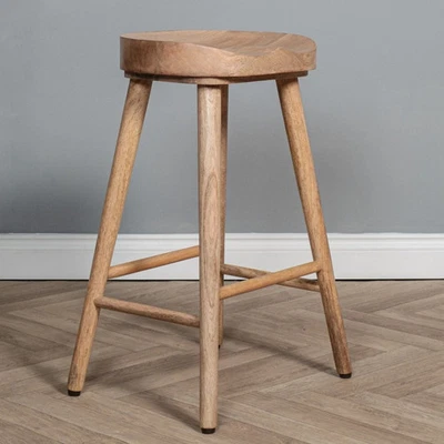 Solid Mango Wood Breakfast Kitchen Bar Stool Oak Finish - Image 1 of 3