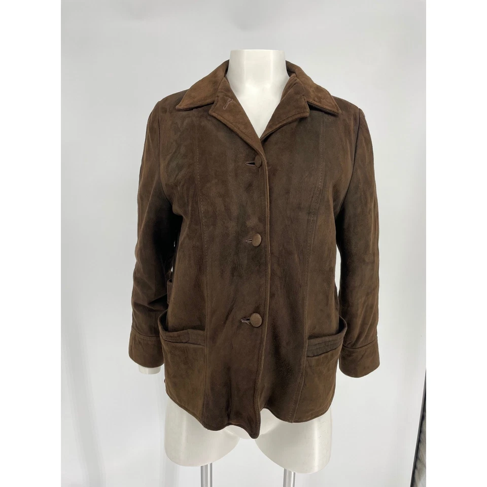 Chaqueta de cuero de gamuza marrón vintage para mujer forro con cremallera años 70 M blazer con botones Foto 1 de 4