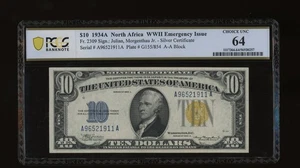 DBR 1934-A $10 North Africa Silver Fr. 2309 PCGS-B 64 Serial A96521911A - Picture 1 of 2