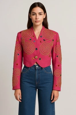 Rare Vtg 80s ibe Pink Linen Embellished Cropped Blazer Gold Beaded Jeweled Sz 10 - Image 1 of 4