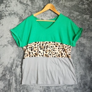 Women Large Summer Casual TShirt Top Color block Cuff Short Sleeve Leopard Print - Picture 1 of 7