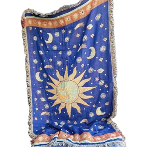 Vintage 90s Celestial Cotton Tapestry Throw Sun Moon Stars 150x90 Blue Yellow - Picture 1 of 9