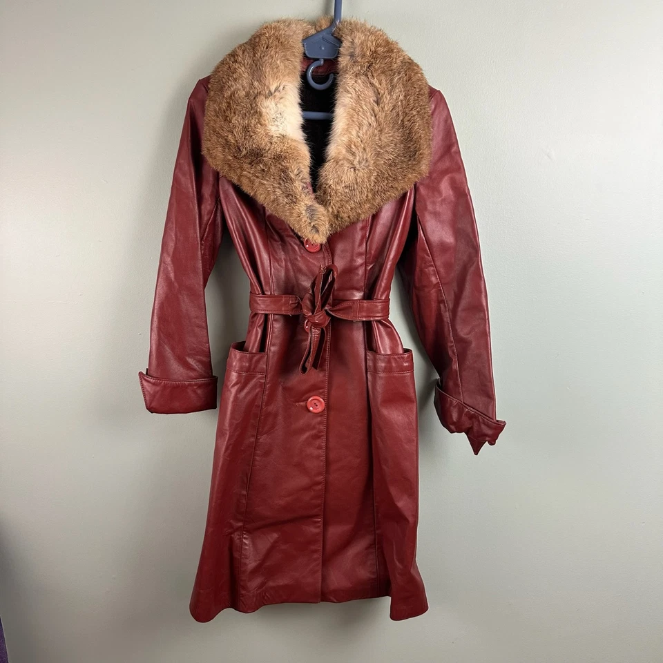 复古 60 年代 70 年代女式 S\M? 皮革风衣正品狐狸毛领腰带 — 第 1/4 张图片