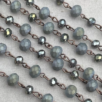 Rosario antiguo con cuentas de cristal verde laurel cadena Eyepin de cobre 8-6 mm 2 pies por paquete Foto 1 de 4