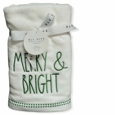 Juego de 2 toallas de mano Rae Dunn blancas - FELIZ Y BRILLANTE LL verde 16'x 30' Foto 1 de 4