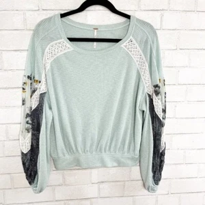 Free People Casual Clash Balloon Sleeve Thermal Top Mint Green Boho Blouse XS - Picture 1 of 7