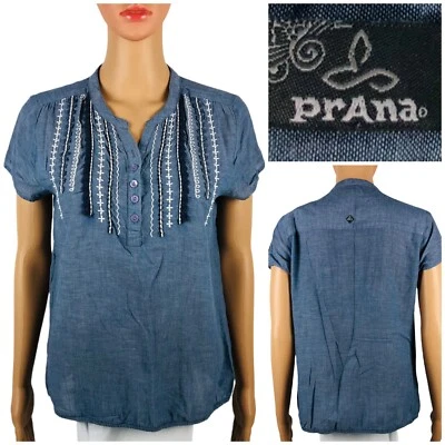 Prana Womens Medium Popover Shirt Blue Embroidered Chambray Cotton EUC - Image 1 of 4