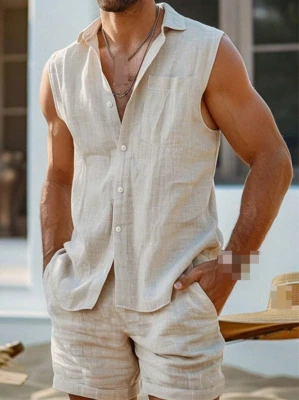 Conjunto de 2 piezas de verano para hombre chaleco sin mangas camisas pantalones cortos algodón lino trajes de playa Foto 1 de 4