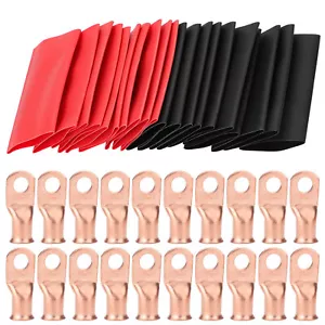 40 pcs 1/0 AWG Gauge Copper Lugs w/ BLACK & RED Heat Shrink Ring Terminals Set - Picture 1 of 11