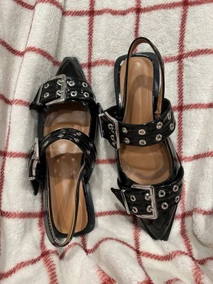 Women Ballet Flats Pointed Toe Buckle Flat Shoes Slingback Strap Low Block Heel - Image 1 of 4