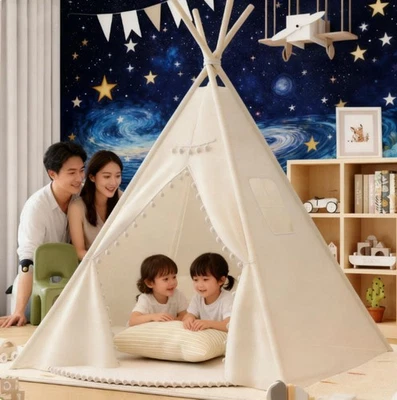 Large Kids Teepee Lace Wood Indian Tent Child Indoor & Outdoor Play House Tent - Image 1 of 4