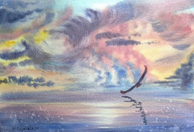 Pintura Original Paisaje Obra de Arte Moderna SEA SKY BERD SOL Arte Paisaje Marino Regalo A4 Foto 1 de 4