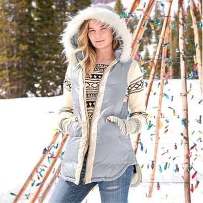 Chaleco acolchado Sundance Down Alpine Walk piel sintética con capucha gris invierno acogedor nuevo M Foto 1 de 4