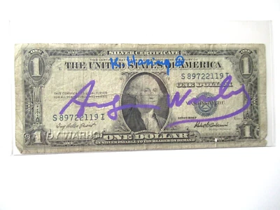 A. WARHOL/K.HARING: Echte 1US$ Dollarnote 2x Original SIGNIERT FLIEDER-BLAU - Bild 1 von 4