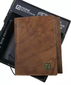 Stone Mountain Men's Trifold Full Grain Leather Wallet Security RFID Tan Zip - Picture 1 of 5