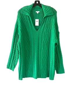 J.JILL Women Size XL Kelly Green Cable Knit Pullover Collared V-Neck Sweater NWT - Picture 1 of 7