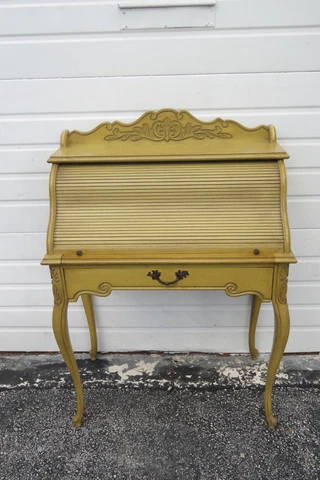 French Shabby Chic Painted Distressed Carved Roll Top Secretary Desk 3741 Cover