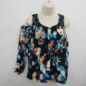 Decree Womens Long Sleeve Split Shoulder Flowy Top Blouse Blue Black Size XS - Picture 1 of 10