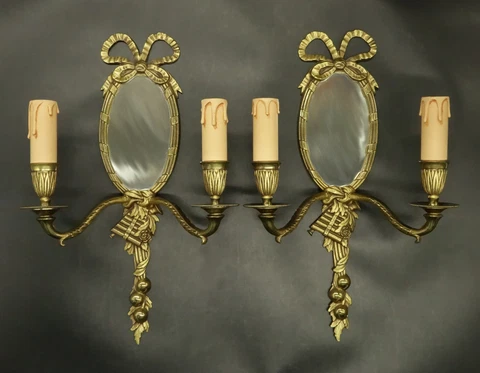 LARGE PAIR OF SCONCES-MIRRORS LOUIS XVI STYLE - BRONZE - FRENCH ANTIQUE Cover