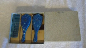 Mini Childs Dresser Set Brush Comb Mirror IOB Salesman Sample Blue Mottle - Bild 1 von 10