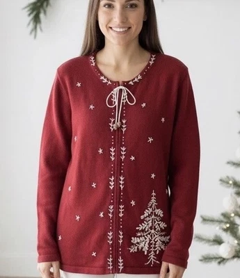 STORYBOOK KNITS Sweater L Red Floral Embroidered Beaded Zip Cardigan Christmas - Image 1 of 4