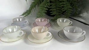 VintageArcopal Harlequin Opale Set of 6 Iridescen Glass Cups & Saucers,Gold Rim - Picture 1 of 6