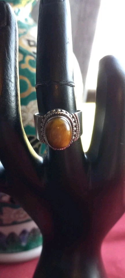 Anillo de diseño de banda ancha 925 vintage tamaño 6,5 con piedra ojo de tigre 11,11 mm de longitud  Foto 1 de 4