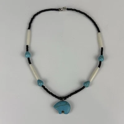 Native American Necklace Turquoise Bear And Beads Southwestern Tribal Faux Bone - Image 1 of 4
