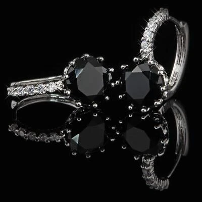 Pendientes Aros Zirconia Negra Oro Blanco 750 18 Quilates Baño De Plata O1631 - Imagen 1 de 4