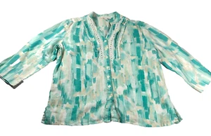 JM Collection Women Linen Blouse Sz 12 Aqua Crochet Trim Button Front 3/4 Sleeve - Picture 1 of 9