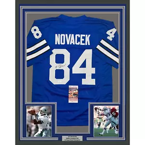 Framed Autographed/Signed Jay Novacek 35x39 Dallas Blue Football Jersey JSA COA - Picture 1 of 2