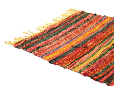 Indian Chindi Rag Throw Woven Handmade Cotton Floor Yoga Mat 3x5 Feet Rug Dari - Image 1 of 4