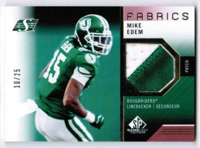 2021 SP GAME USED CFL MIKE EDEM ME FABRICS PATCH /25 SASKATCHEWAN ROUGHRIDERS - Image 1 of 2