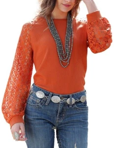 Cruel Girl Western Shirt Womens L/S Crochet Waffle Knit CTK7493001 - Picture 1 of 1