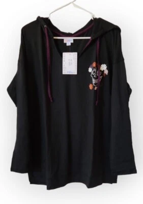 Lularoe Skull Floral Cards XL Eliza V Neck Lightweight Hoodie Top Side Slits NEW - Image 1 of 4