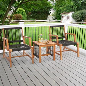 3PC Patio Acacia Wood Outdoor Furniture Bistro Set All-Weather Rope Woven - Picture 1 of 6