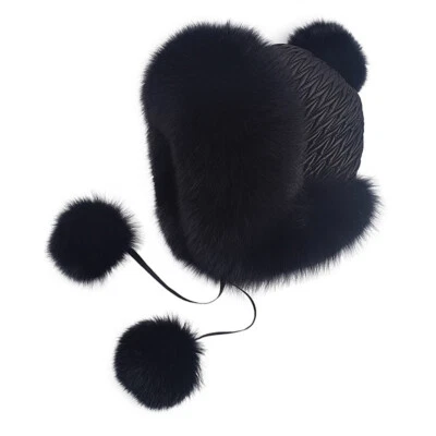Women Full Covered Real Fox Fur Hat Russian Ushanka Hat Cossack Warm Trapper Cap - Image 1 of 4