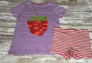 Mini Boden Girls 6 7 Y Purple w/ Strawberry Shirt & Striped Red Shorts Set - Picture 1 of 7