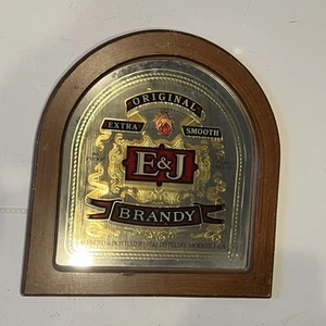 Ancienne enseigne miroir de bar E&J extra lisse encadrée bois brandy 17" arrondie - Photo 1/7