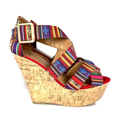 Delicious Womens Hall Red Multi Guatemalan Platform Wedge Boho Strappy Sandal, 9 - Image 1 of 4