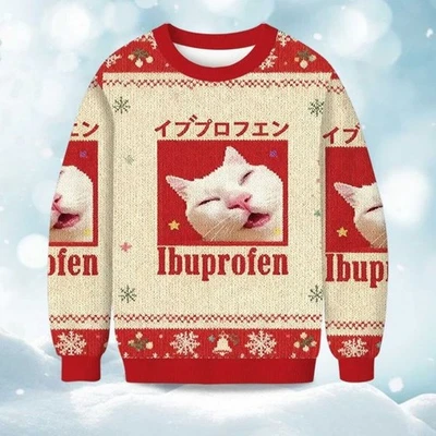 Ibuprofen Meme Cat Christmas Ugly Sweater - Christmas Gift For Men, Women 2025 - Image 1 of 4