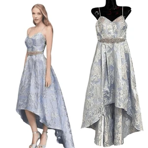 Cachet Jacquard Light Blue & Silver High Low Hem Ball Gown Jeweled Waist Sz 2 Pr - Picture 1 of 6