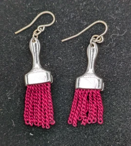 Dangle Paint Brush Earrings Silver Tone Metal Pink Chain Bristles Pierced 2" - Picture 1 of 4