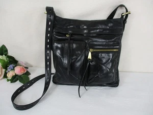 VTG Hobo International Black Glazed Leather Large Crossbody Bag Iconic 90's - Picture 1 of 22